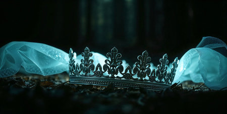 banner of queen crown over in front of dark forest background. fantasy medieval periodの素材