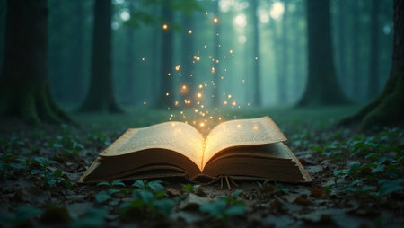 Magical image of antique book in the mysterious forestの素材