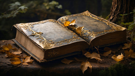 Magical image of antique book in the mysterious forestの素材