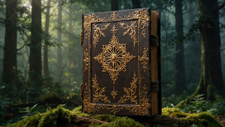 Magical image of antique book in the mysterious forestの素材