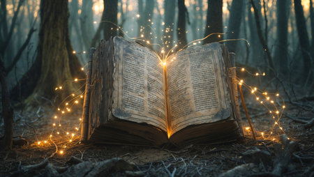 Magical image of antique book in the mysterious forestの素材
