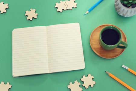 Top view image of empty notebook on tableの写真素材