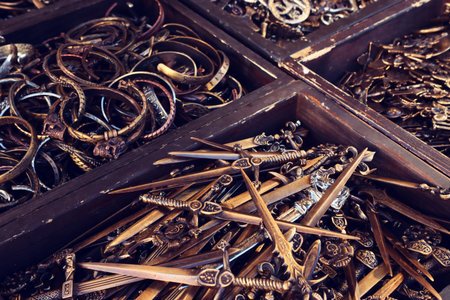 Metallic ornaments detail at flea marketの写真素材