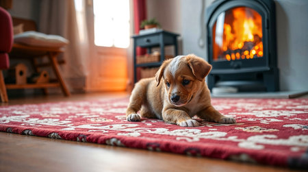 Cute puppy playing on the carpet indoorsの素材
