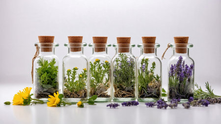glass bottles with green herbs as chamomile and lavenderの素材