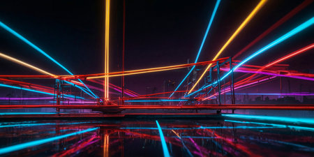 Abstract background stage with neon lights in motionの素材