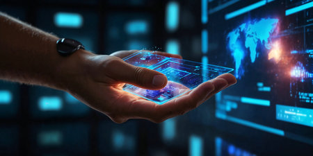 A man's hand touches a futuristic screenの素材