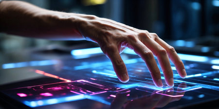 A man's hand touches a futuristic screenの素材