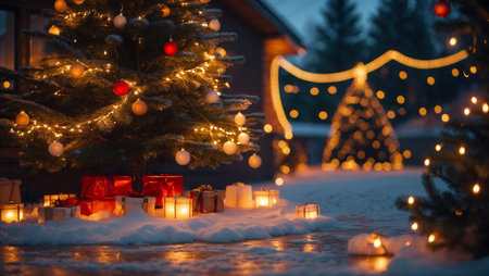 christmas tree in the street with lightsの素材