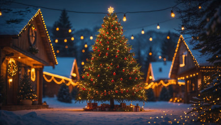 christmas tree in the street with lightsの素材