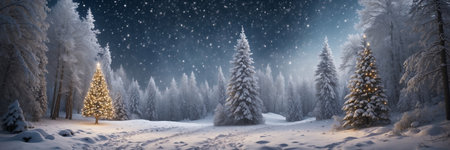 winter forest with glitter christmas lightsの素材