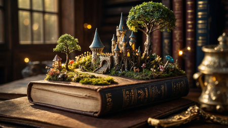 image of open antique book with fairy magical worldの素材