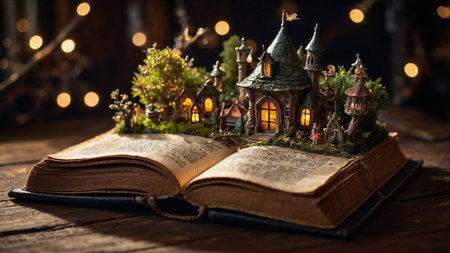image of open antique book with fairy magical worldの素材