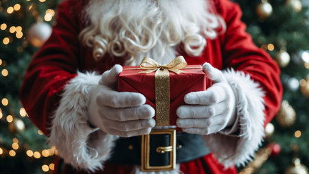 Santa Claus hands holding a giftの素材