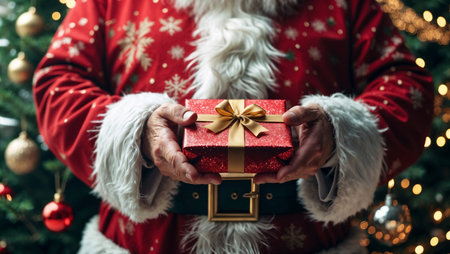 Santa Claus hands holding a giftの素材