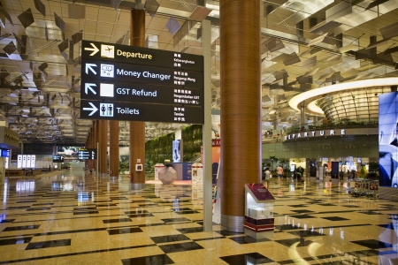 Interior view of Changi International Airport, Singapore  This view shows various directional signage as well as the wide open spaces in the worldのeditorial素材