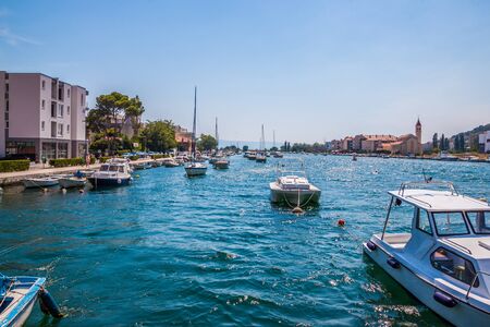 Marina of mediterranean small town Omis, Croatia.の写真素材