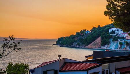 Beautiful Adriatic Beach and Mimice Village in the night, Dalmatia, Croatiaの写真素材