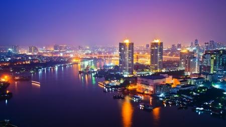 Panorama view of Bangkok city scape at nighttimeの写真素材