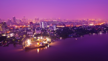 Panorama view of Bangkok city scape at nighttimeの写真素材