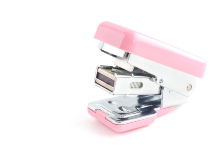 Pink stapler with text area, on white background