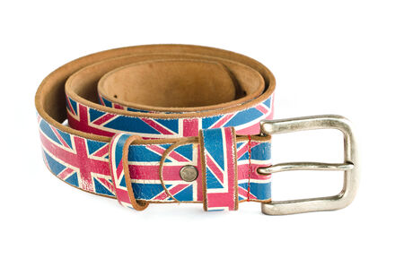Union Jack Flag on brown leather belt isolated on white backgroundの写真素材