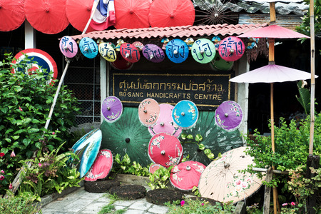 CHIANGMAI, THAILAND - JULY 28: Colorful handmade umbrella for sale on July 28, 2014  in the village Bo Sang, Chiang Mai, Thailand. Bo Sang is known for its handmade umbrellas and parasols.のeditorial素材