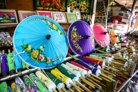 CHIANGMAI, THAILAND - JULY 28: Colorful handmade umbrella for sale on July 28, 2014  in the village Bo Sang, Chiang Mai, Thailand. Bo Sang is known for its handmade umbrellas and parasols.のeditorial素材