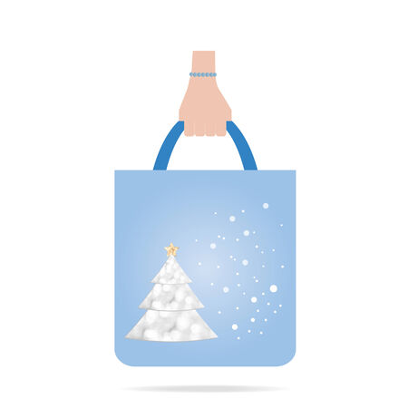 Hand with blue Christmas tree shopping bag.のイラスト素材