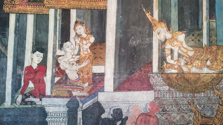 BANGKOK, THAILAND - JANUARY 2:  Thai style painting art , tales of the lord Buddha's former births  at Wat Nairong on January 2, 2017 in Bangkok,Thailand.のeditorial素材