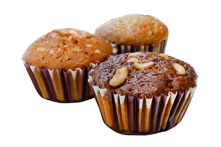 Banana cup cake , bael cup cake and longan cup cake isolated on white background, clipping path included.の写真素材