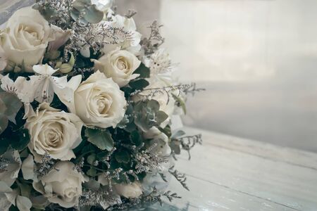 Bouquet of  roses and orchid , floral background, . Processed with vintage style.の写真素材
