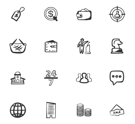 Doodle Business icons set with coins, basket, wallet, dollar sign. Vector illustration on white background.のイラスト素材