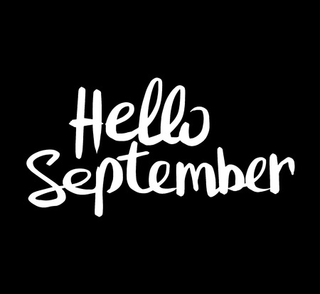 Hand drawn ink lettering Hello September isolated white on blue  background.のイラスト素材