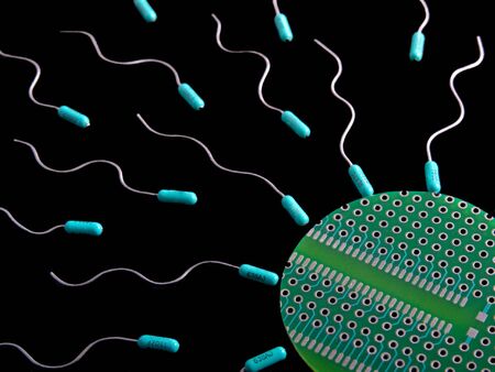 Resisters swiming towards a PC board egg        