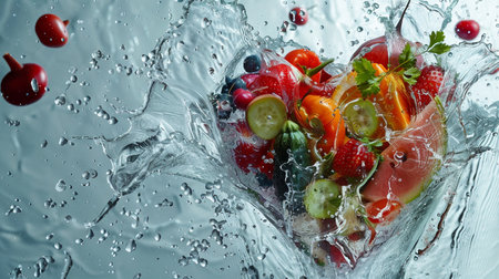 Fresh fruits and vegetables splashing in water. Healthy food concept.の素材