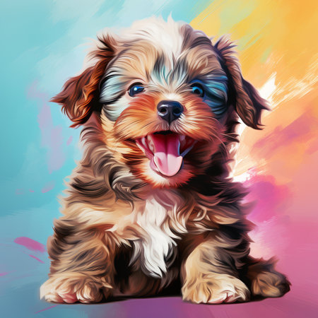 Yorkshire Terrier puppy on a colorful background. Digital painting.の素材