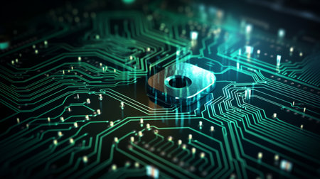Circuit board close up with microchip. Technology background. 3d renderingの素材