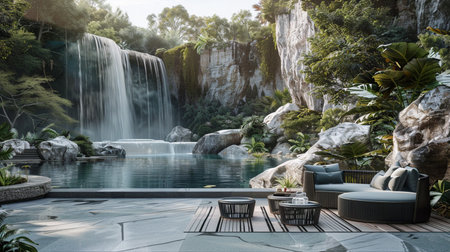 Beautiful waterfall in the garden with chair and table for relax.の素材