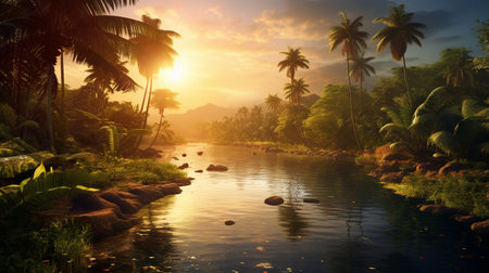 Palm trees and river at sunset in the jungle. 3d renderingの素材