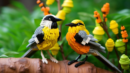 colorful plastic toy birds on tree in the garden, stock photoの素材