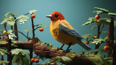 3d render of a bird in the forest with trees and bushesの素材