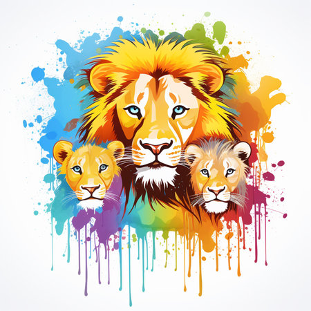 Lion family with colorful splashes on white background, vector illustration.の素材