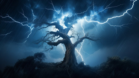 Dramatic stormy sky with lightning and big tree. 3d renderingの素材