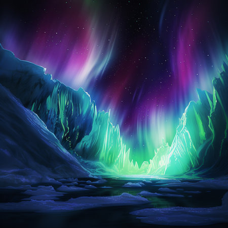 Fantasy winter landscape with aurora borealis. Vector illustration.の素材