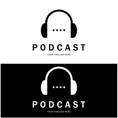 podcast logo with microphone and earphone audio, radio waves. for studio, talk show, chat, information sharing, interview, multimedia and web.のイラスト素材