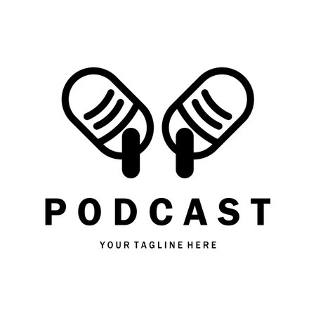 podcast logo with microphone and earphone audio, radio waves. for studio, talk show, chat, information sharing, interview, multimedia and web.のイラスト素材
