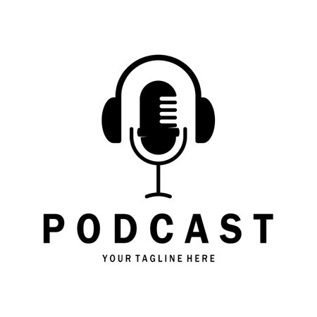 podcast logo with microphone and earphone audio, radio waves. for studio, talk show, chat, information sharing, interview, multimedia and web.のイラスト素材