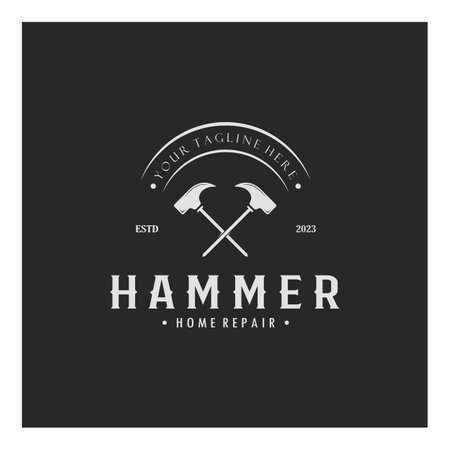 retro vintage crossed hammer and nail logo for home repair services, carpentry, badges, builders, woodworking, construction, vectorのイラスト素材