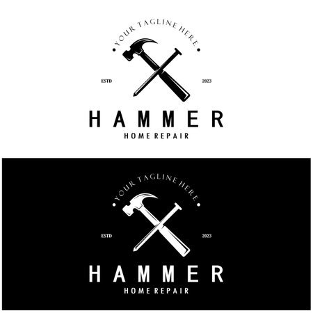 retro vintage crossed hammer and nail logo for home repair services, carpentry, badges, builders, woodworking, construction, vectorのイラスト素材